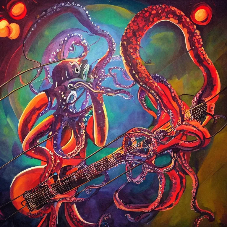 Image similar to a beautiful painting by zeen chin of an octopus playing drums and telecaster guitar in an electronic concert, dark background, concert light, dark mood, warm lights