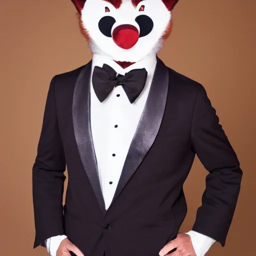 Prompt: Professional photograph of an anthropomorphic male fox wearing a fancy tuxedo, handsome eyes and a charismatic smile, hosting a show at a cabaret