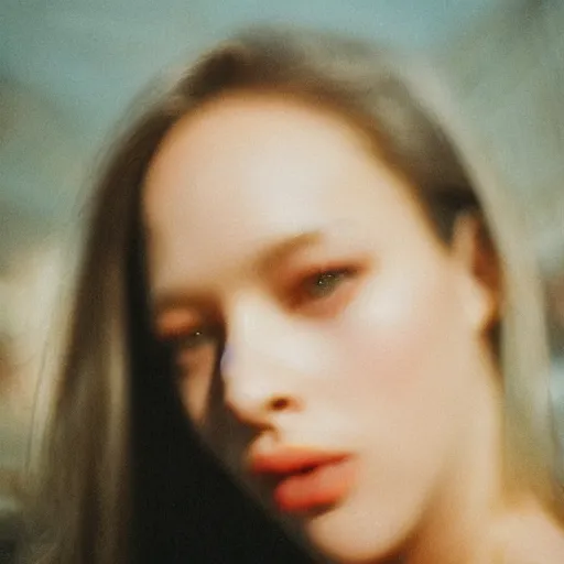 Image similar to a close-up of a gorgeous woman’s face looking at the camera with a mix of desperation and awe, soft blurred city background, captured in low light and sharp focus, cinestill 800t