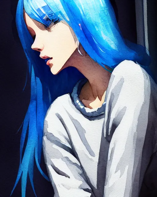 Prompt: watercolor painting of a pretty girl with Blue hair, wearing an oversized sweater, sitting by a windowsill, night. In the style of ilya kuvshinov, dramatic lighting, fantasy, intricate, elegant, highly detailed, lifelike, photorealistic, digital painting, bokeh, HDR, high resolution, artstation, concept art, smooth, sharp focus, art by Krenz Cushart and Albert Aublet