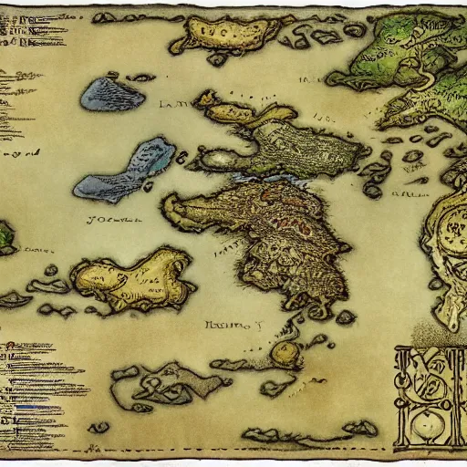 Image similar to fantasy map of an ancient land of Odrua in the Fantasy world of Lute, showing continents archipelagos cities mountains deserts rivers coastlines kingdoms by JRR Tolkien by Brian Froud and Yoshida Hiroshi