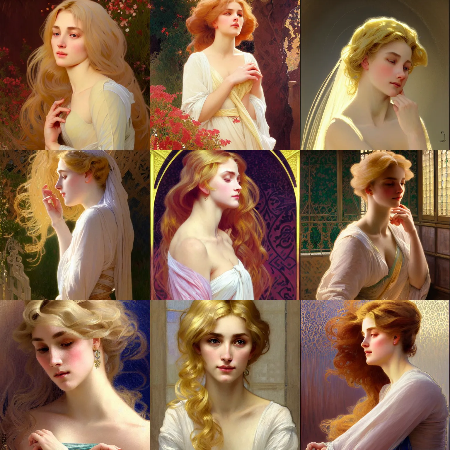 Prompt: painted portrait of a shy wife blessed by god with ever - increasing intelligence beauty and virtue. blonde, modest voluminous holy body, light effect. feminine, powerful, in clothes! intricate, elegant, highly detailed, digital painting, artstation, concept art, smooth, sharp focus, illustration, art by gaston bussiere and alphonse mucha