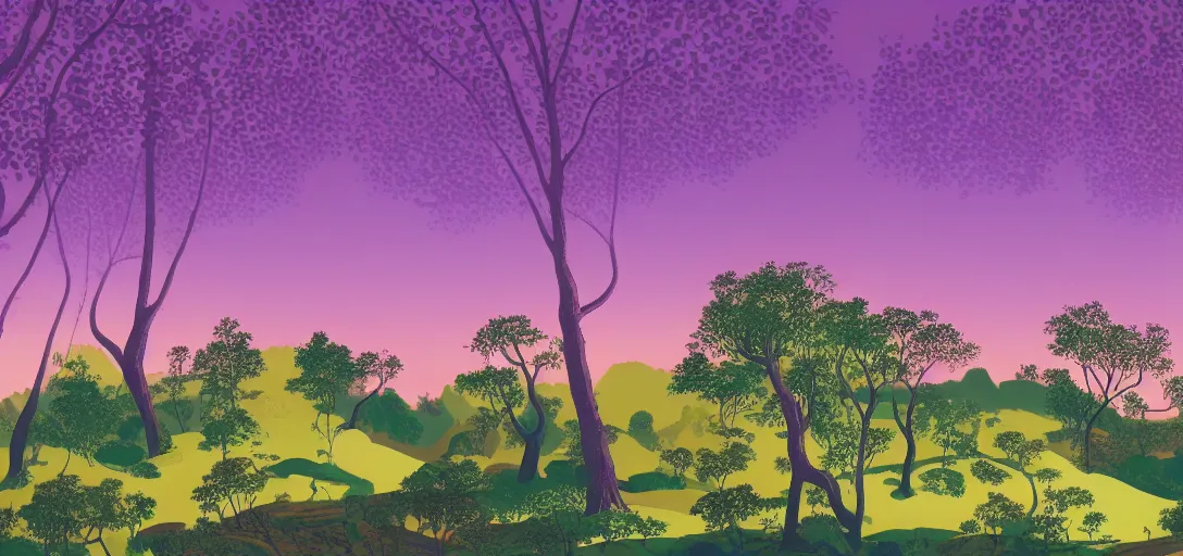 Image similar to a forested landscape, large hanging tree canopies, pink light on the horizon, mountains, vast foliage, by eyvind earle, volumetric lighting, flat color