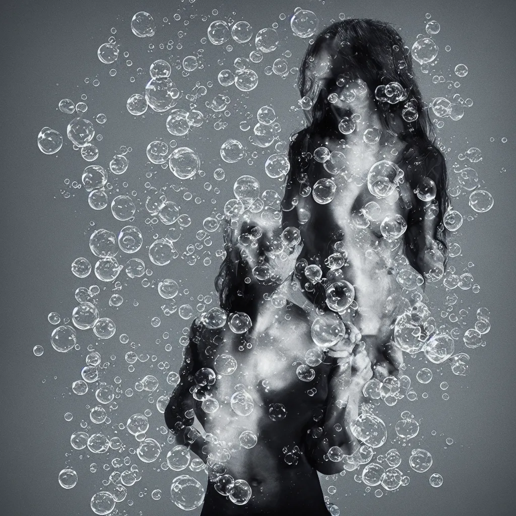 Prompt: a woman made of ink bubbles, octane render