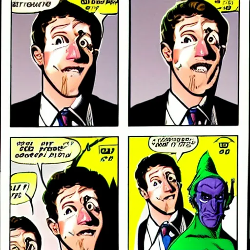 Prompt: Mark Zuckerberg as the riddler in 1980s DC comic