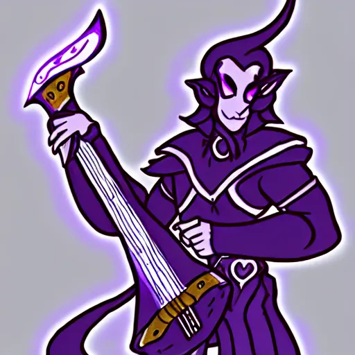 Prompt: a purple tiefling bard with long white horns wearing light armor and carrying a guitar as drawn by the sketch goblin and thesketchgoblin