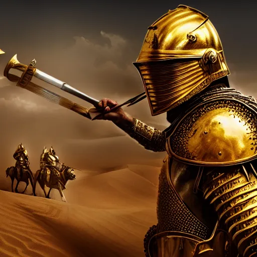 Prompt: Realistic photo of the king of the Desert in Battle, Knight with a golden helmet and a Silver Armour, Sand, Heroic Battle Scene, dark fantasy, intricate, cinematic lighting, highly detailed, digital art, trending on Artstation, 8k, photorealistic