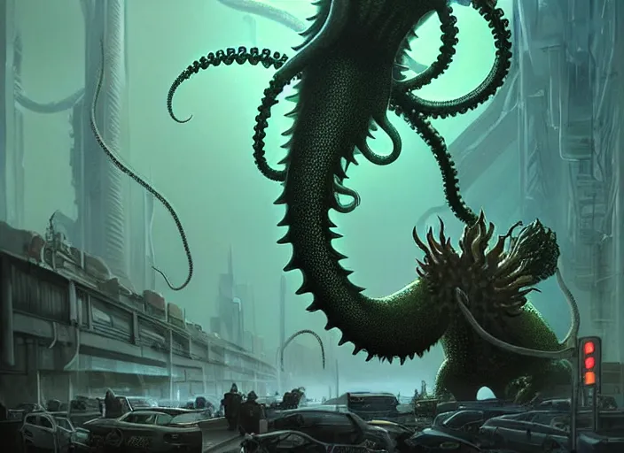 Image similar to giant monstrous aggressive spiked tentacle creature screaming at the camera, scene in a gas station with fluorescent lighting, epic science fiction horror digital matte painting by Moebius and Mark Brooks (and Greg Rutkowski), extremely detailed, artstation