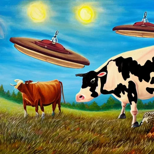 Image similar to a ufo stealing cows, painting