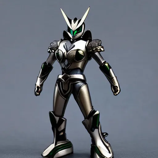 Image similar to High Fantasy Kamen Rider with a Mini Figure Gimmick, glowing eyes, moody colors, rock quarry daytime, grey rubber undersuit, segmented armor, Guyver Dark Hero