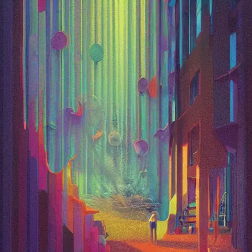 Image similar to colourful beautiful scene. digital artwork by vincent bons, michael whelan, beeple, remedios varo and gerardo dottori. grainy and rough. interesting pastel colour palette. beautiful light. oil and water colour based on high quality render. retro.