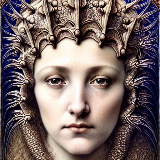 Image similar to detailed realistic beautiful young medieval queen face portrait by jean delville, gustave dore, iris van herpen and marco mazzoni, art forms of nature by ernst haeckel, art nouveau, symbolist, visionary, gothic, neo - gothic, pre - raphaelite, fractal lace, intricate alien botanicals, ai biodiversity, surreality, hyperdetailed ultrasharp octane render