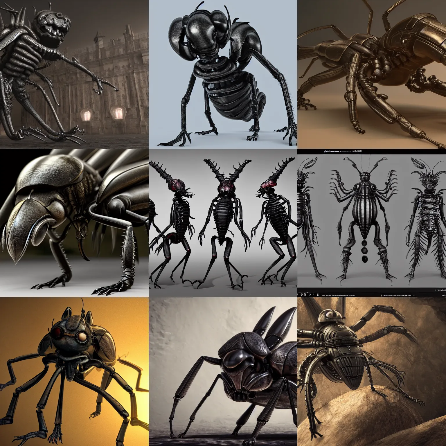 Prompt: anthropomorphic bugs concept art, rendered in unreal engine ultra hd 8 k, made by h. r. giger, albrecht durer, tran ross, trending on pixiv