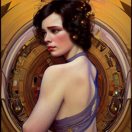 Image similar to modern woman | hyperrealistic | action pose | digital painting | trending on artstation | pinup portrait | clean | illustration | dressed | Unreal Engine 5 | 8k resolution | by Greg Rutkowski Alphonse Mucha Gustav Klimt and Mel Ramos