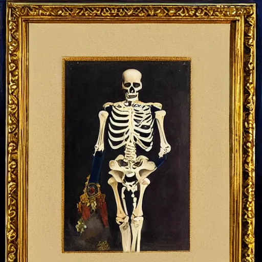 Image similar to A portrait of a skeleton in a Russian Tsar's uniform, painted by John Singer Sargent