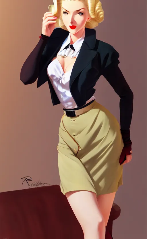 Image similar to a blonde femme fatale woman wearing a 1 9 4 0 s skirt, silk stockings, and padded shoulders jacket, anime. realistic shaded lighting by ilya kuvshinov giuseppe dangelico pino and michael garmash and rob rey, 8 k