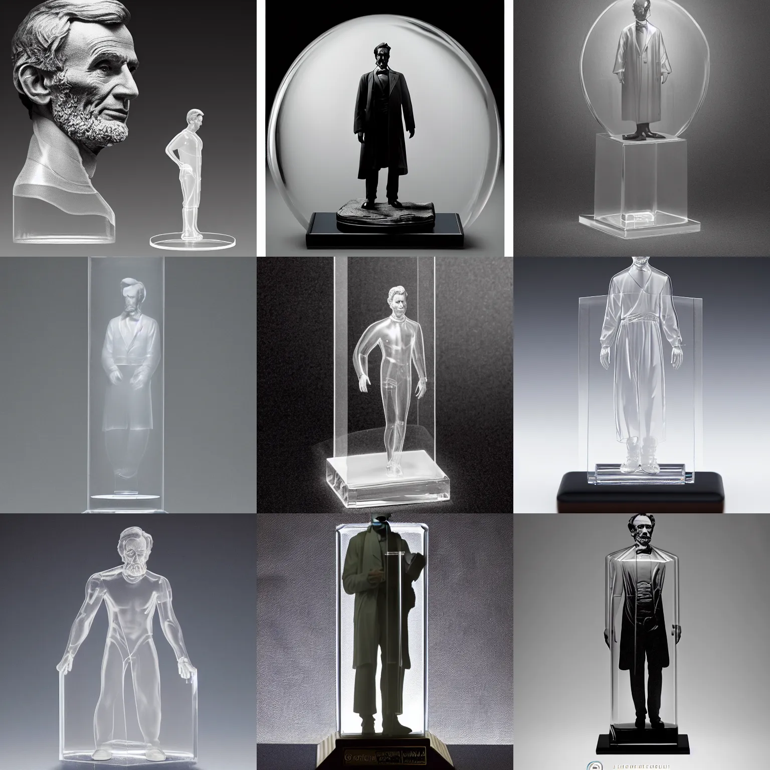 Prompt: product photography. rule - of - thirds. studio lighting. national geographic merchandise. transparent figurine. see - through. upper body portrait photograph of a transparent!!!!! glass!!!!! statuette of abraham lincoln. award winning concept. by greg rutkowski.