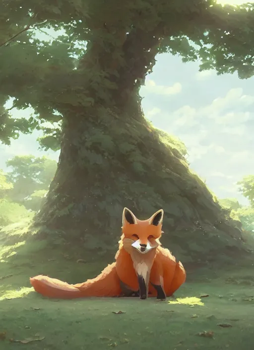 Image similar to a fox sitting curled up under a Sakora tree, subtle colors. Digital illustration, soft lighting, atmospheric lighting, 8K, octane render. By Makoto Shinkai, Stanley Artgerm Lau, WLOP, Rossdraws, James Jean, Andrei Riabovitchev, Marc Simonetti, krenz cushart, Sakimichan, D&D trending on ArtStation, digital art.