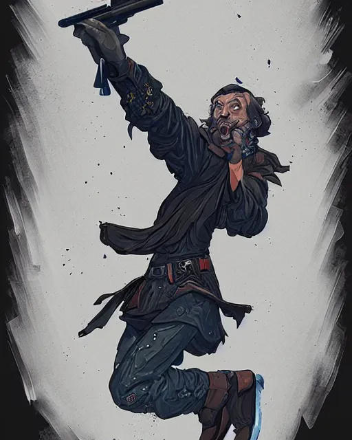 Prompt: A sorcerer wielding two Glock pistols, bust shot, smooth, intricate, elegant, power aura, digital painting, artstation, concept art, high tech fantasy, sharp focus, illustration, art by James Jean
