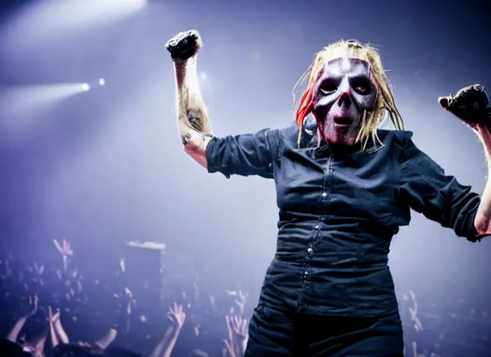 Image similar to publicity photo still of martha stewart in slipknot playing live on stage, 8 k, live concert lighting, mid shot