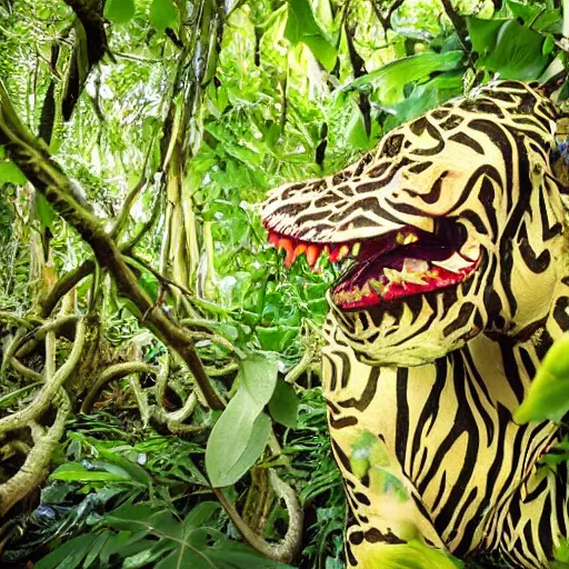 Image similar to jungle photograph of a creature with many vine limbs and a blooming flower head with teeth