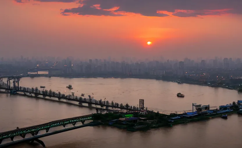 Image similar to a photo of wuhan yangtze river bridge, sunset, cinematic, 8 k, highly - detailed