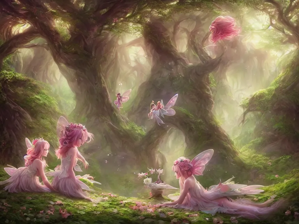 Prompt: two cute fairy in the dreamy forest, fantasy, dreamlike, 8 k resolution, hyper detailed, d & d, character design, digital painting, trending on artstation, sharp focus, illustration, art by artgerm, viktoria gavrilenko, hoang lap, fuji choko, steve zheng