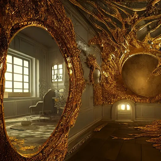 Image similar to an incredibly beautiful world of multifaceted crystal and polished mirrors in the style of erik johansson by dr. seuss covered in intricate gold leaf detail with soft indirect lighting, an ultrafine detail, final fantasy, cinematic colors, behance contest winner, unreal engine 5 highly rendered, global illumination, radiant light, detailed and intricate environment