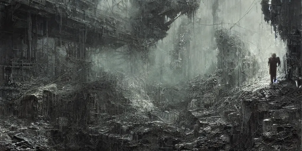 Image similar to lost and alone in an industrial wasteland by gustave dore and gustave moreau and beksinski and giger and craig mullins and jeremy mann