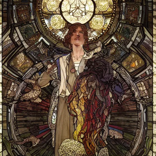 Prompt: a stained glass picture of harrier du bois from disco elysium, disco elysium video game, intricate, elegant, highly detailed, 4 k, digital painting, artstation, concept art, sharp focus, art by rebecca guay and by arthur rackham and by alphonse mucha and by john william waterhouse