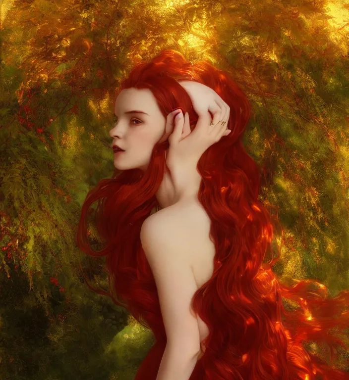 Prompt: portrait of a red haired woman wearing a satin dress with gold filigree, autumn leaves falling, dramatic volumetric lighting, god rays, global illumination, soft, sharp focus, ivy, illustration, masterpiece, moss, trending on artstation, intricate concept art by artgerm and Greg Rutkowski and Alphonse Mucha