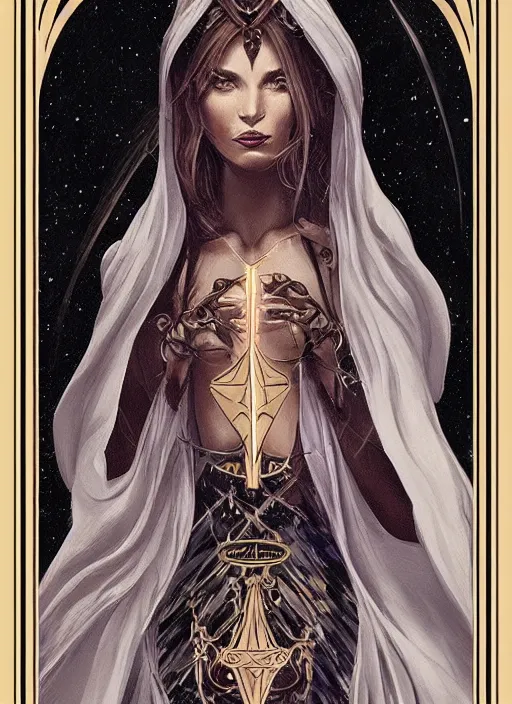 Image similar to tarot!!, high priestess, no noise, elegant, concept art, sharp focus, beautiful face!!, digital art, smooth defined outlines!!, human anatomy, human structure, vector background, dark fairy queen, by Brom, trending on Artstation, Tom Bagshaw, Sargent