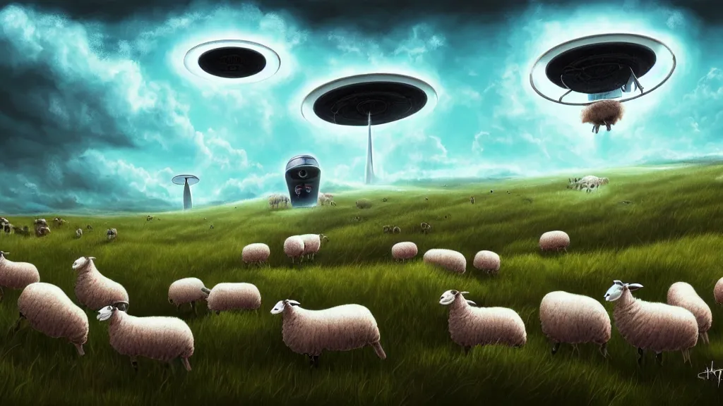 Prompt: sheep in a field being abducted by a ufo!, horror cartoon, hyper energy, punk aesthetic, highly detailed, digital painting, artstation, concept art, sharp focus, illustration,