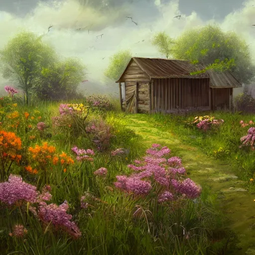 Image similar to a matte painting of a midwestern countryside, shack close up, very overgrown, patchy flowers, oil painting, pale colors, high detail, 8 k, wide angle, trending on artstation,