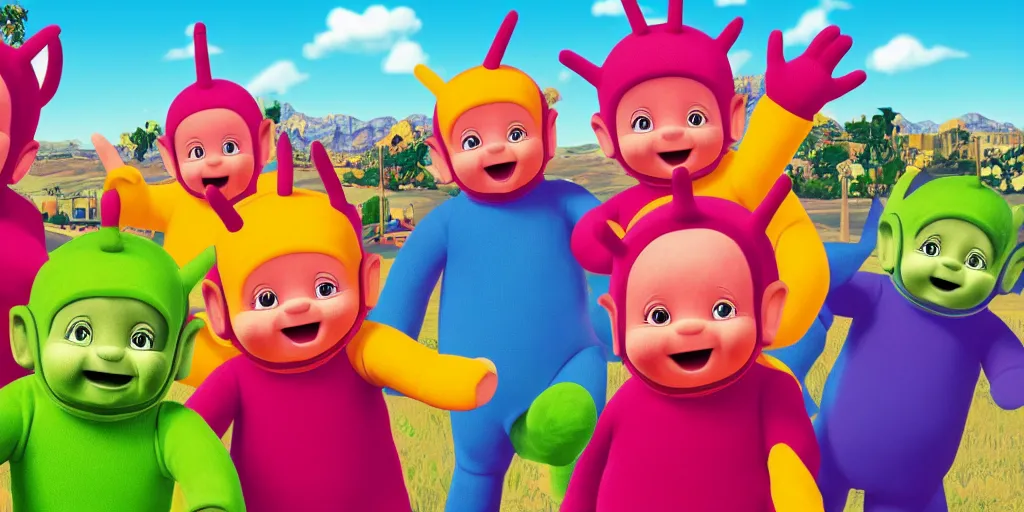 Prompt: the teletubbies as mafia gangsters in gta v. cover art by stephen bliss. high quality. 8 k resolution.