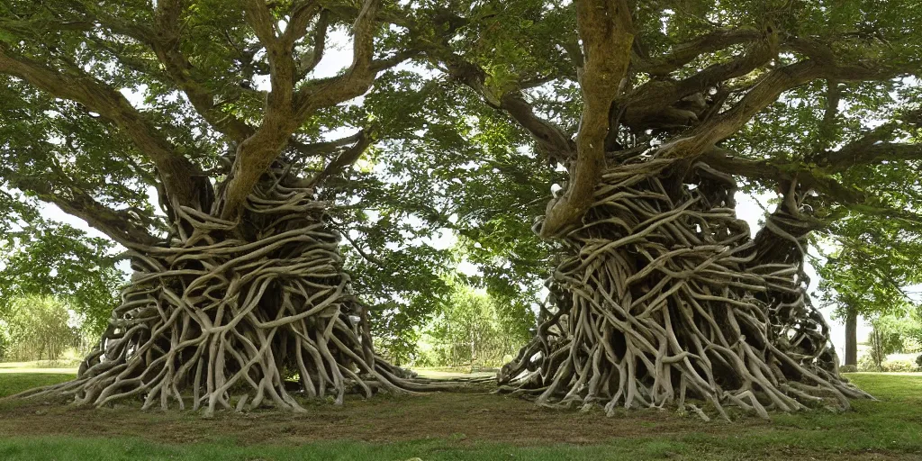 Image similar to Artwork by John Howe of Eight different trees twisted together to create a shelter underneath.