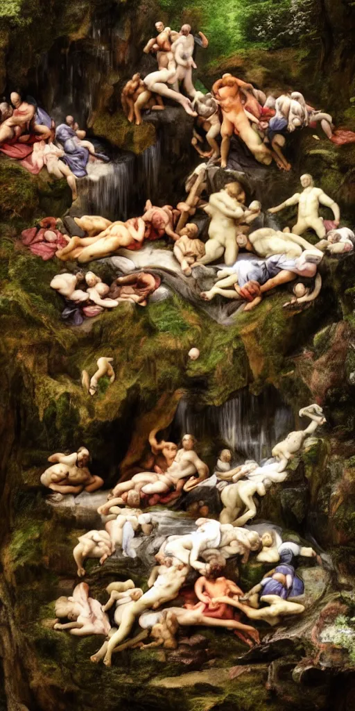 Prompt: cliffside wild waterfall in forest made of bodies, michaelangelo style