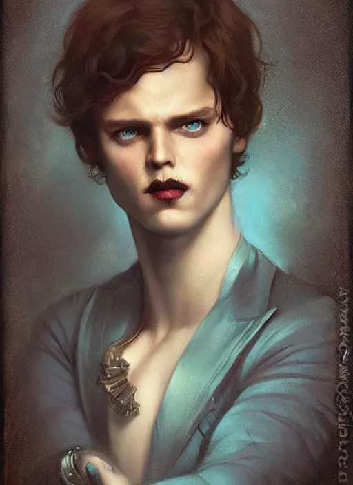 Image similar to a sinister portrait of a man with beautiful blue eyes and short brown hair, art by manuel sanjulian and tom bagshaw