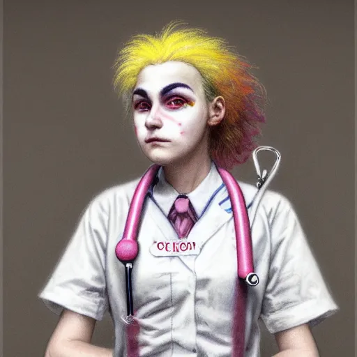 Image similar to clowncore pastel punk young hospital nurse wearing stylish uniform. detailed, portrait, 8 k, artwork by jean - baptiste monge