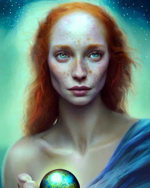 Prompt: female fortune teller holding crystal ball, perfect face, magic, halter top, ginger hair, abs, cinematic, freckles, stunning, adorable, cute, athletic, strong, agile, highly detailed, psychedelic, digital painting, artstation, smooth, hard focus, illustration, art by jessica rossier and and brian froud