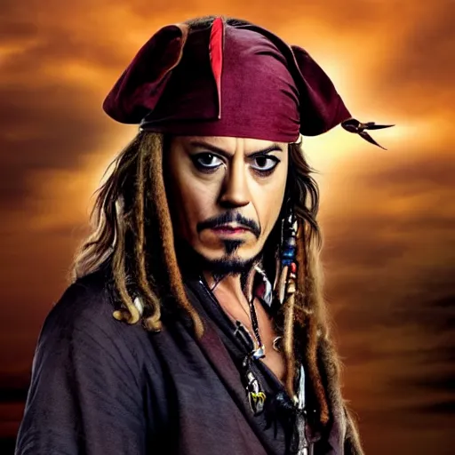 Image similar to Robert Downey Jr. as Jack Sparrow, HD, photorealistic, cinematic lighting