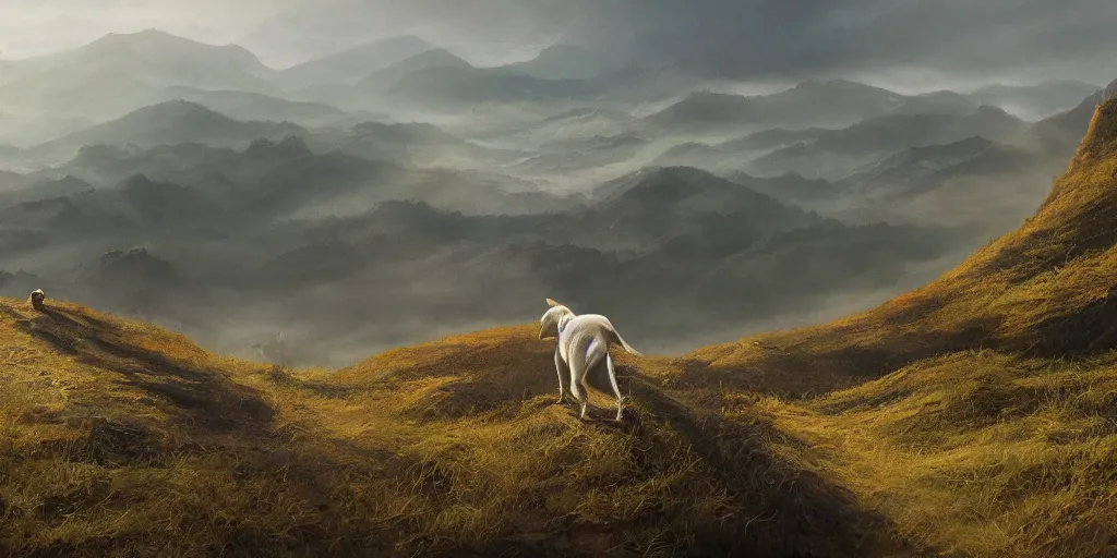 Image similar to breathtaking detailed concept art painting of a lone dog on the top of a hill. in the distance there is a small town, by hsiao - ron cheng, extremely moody lighting, 8 k