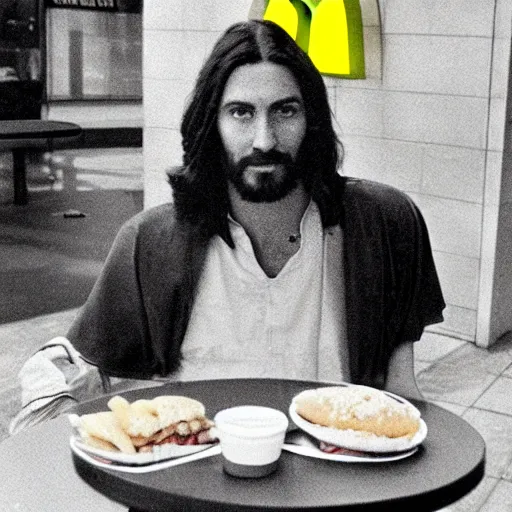 Prompt: Jesus on his lunch break at McDonald’s