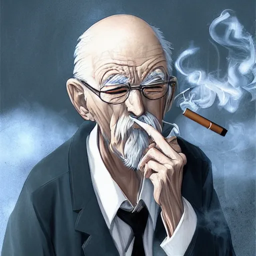 Prompt: anime old man smoking a cigarette, white smoke, art by wlop