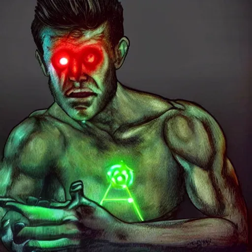 Prompt: a man who's been bitten by a radioactive wo