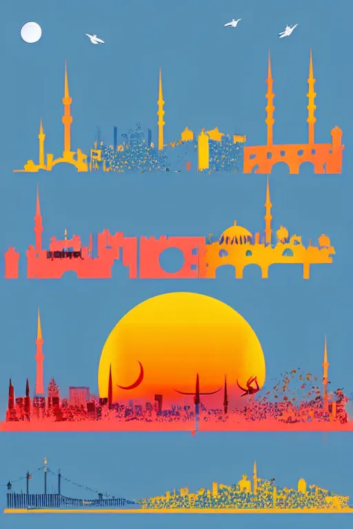 Image similar to minimalist boho style art of colorful istanbul skyline at sunrise, illustration, vector art