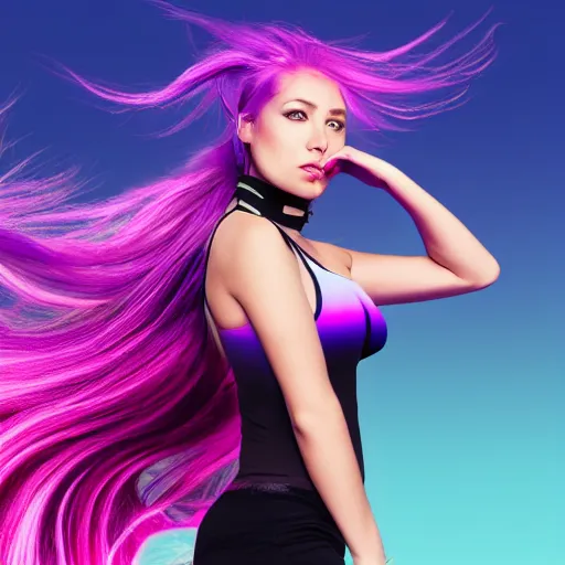 Image similar to a award winning action upper body portrait of a beautiful woman with a ombre purple pink hairstyle with head in motion and hair flying, choker, outrun, vaporware, vivid colors, highly detailed, fine detail, intricate