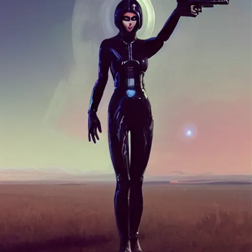 Prompt: pleiadian woman with big eyes and long silver hair wearing a dark body suit and holding a plasma gun standing in barren fields, art by greg rutkowski