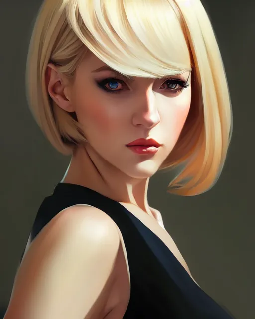 Image similar to a portrait blonde femme fatale woman, Anime. realistic shaded lighting by Ilya Kuvshinov Giuseppe Dangelico Pino and Michael Garmash and Rob Rey, 8K