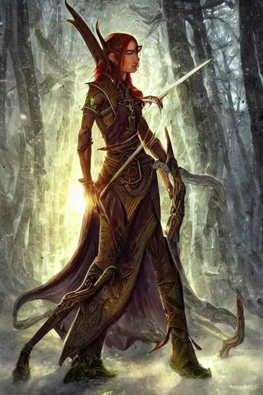 Prompt: Epic painting of a fierce female elven warrior blessed by the light of the forest